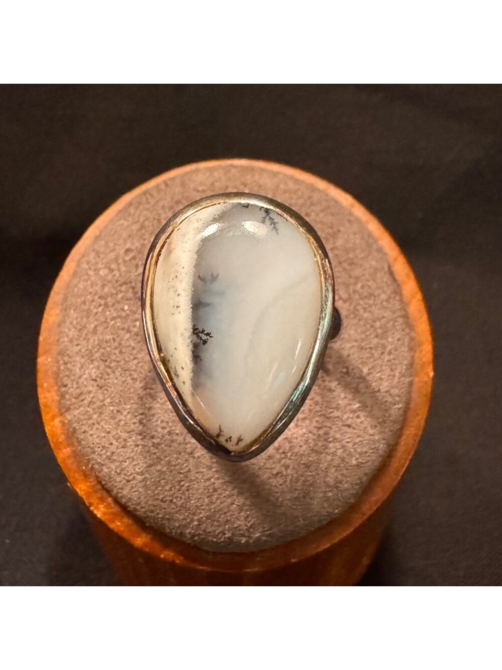 Sterling Silver 925 Teardrop Dendritic Opal Bezel Set Statement Ring Size 7